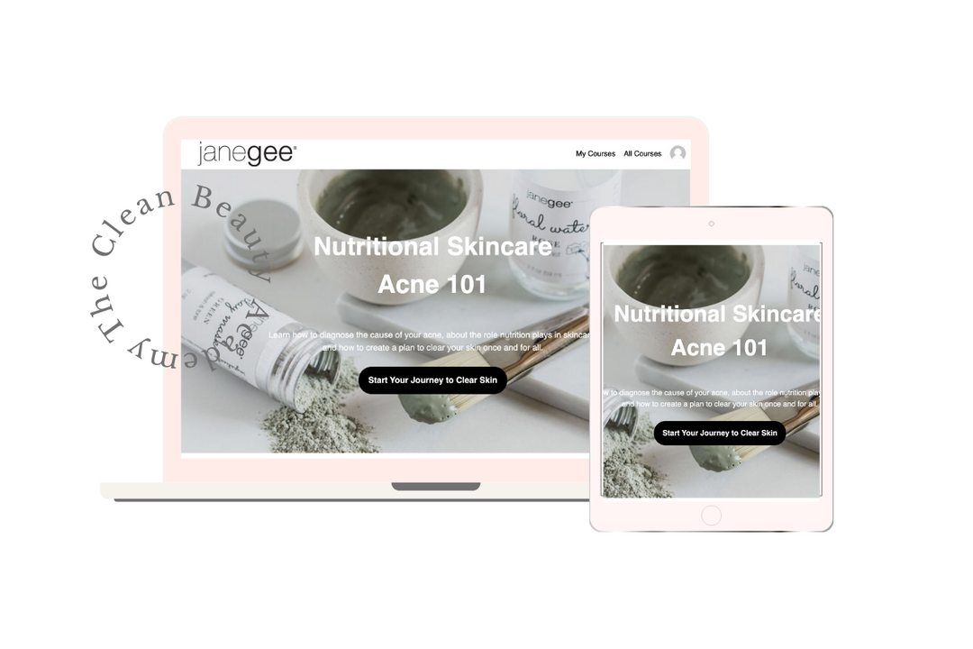 A promotional graphic for a “Nutritional Skincare: Acne 101” course, announcing open registration and showing the course interface on both desktop and tablet, emphasizing clean beauty and education