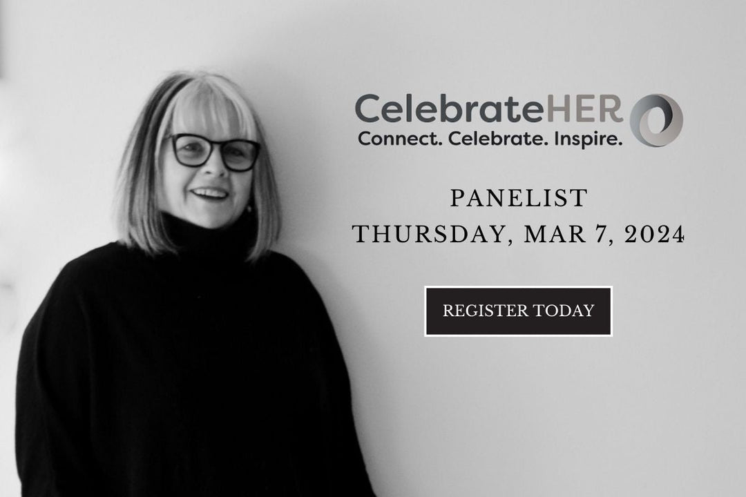 black and white promotional graphic featuring a woman in glasses for CelebrateHER panel event with date, call to action, and “Register Today” button