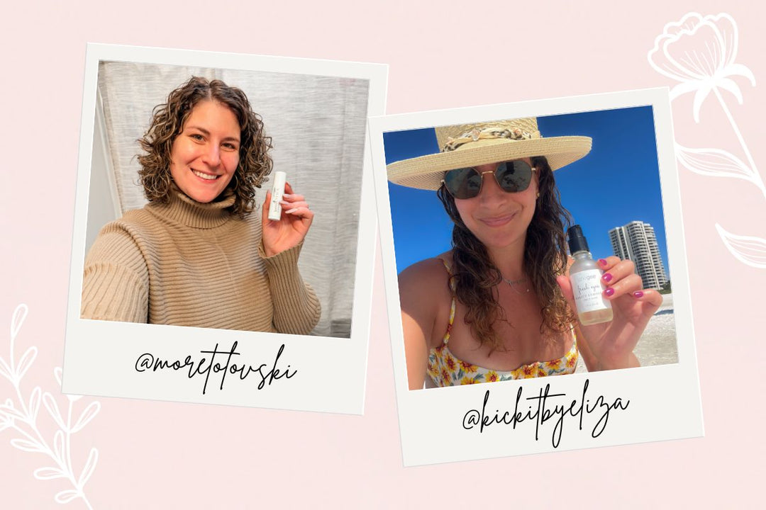 Two Polaroid-style photos show women holding janegee products, labeled @morettowski and @kiccitybyliza on a soft blush background.