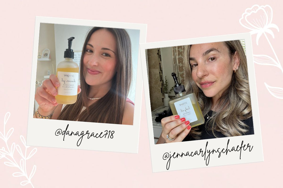 Two women hold janegee skincare in Polaroid-style photos on a blush background, labeled @danagrace718 and @jennacarlynschafer.