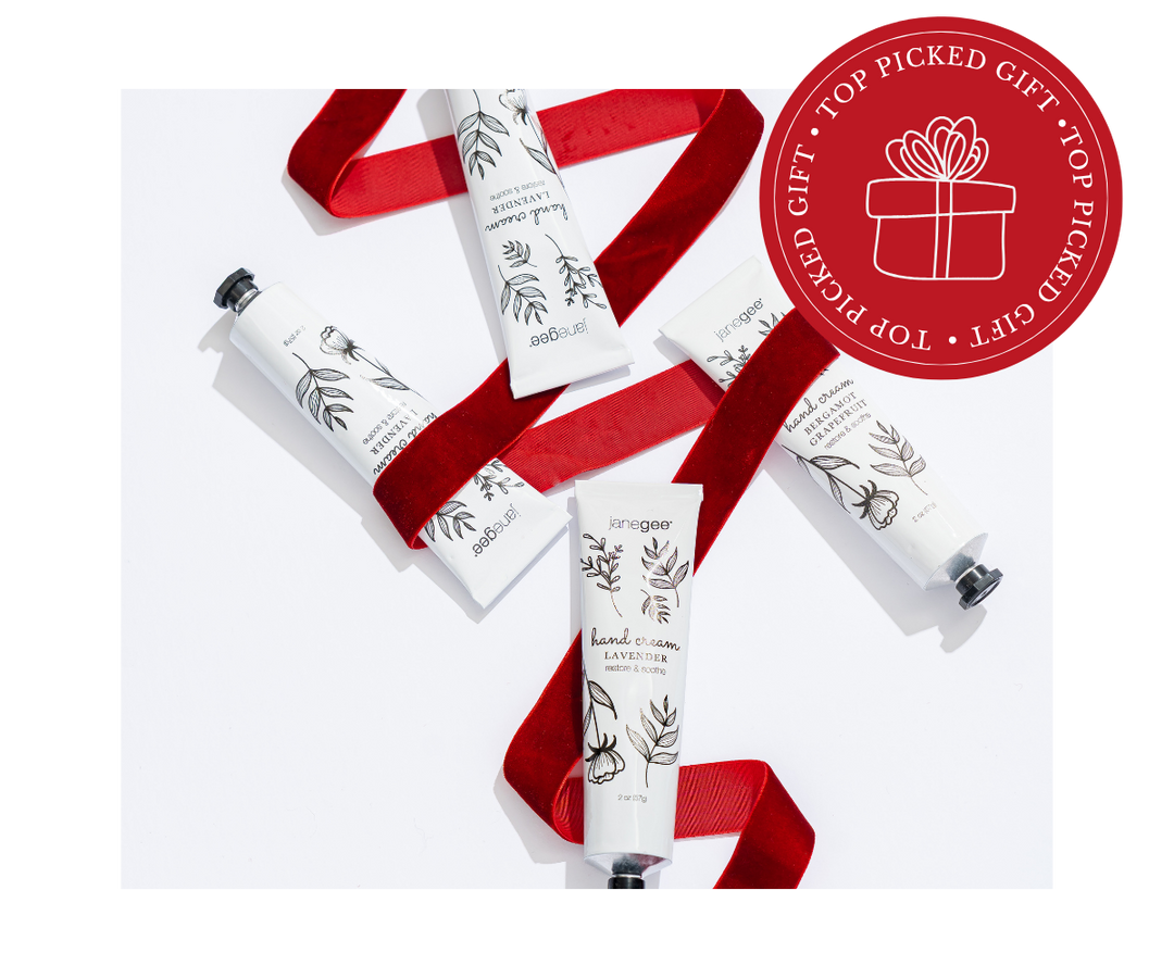 janegee Lavender Hand Cream with red velvet ribbon and a “Top Picked Gift” holiday badge.