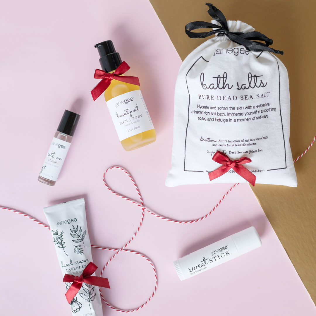 5 products on a pink and gold background