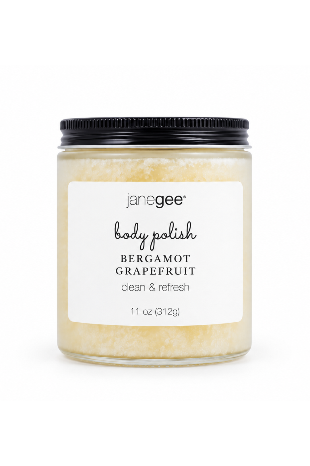 janegee Bergamot Grapefruit Body Polish in a frosted glass jar with a black lid and white label on a white background.