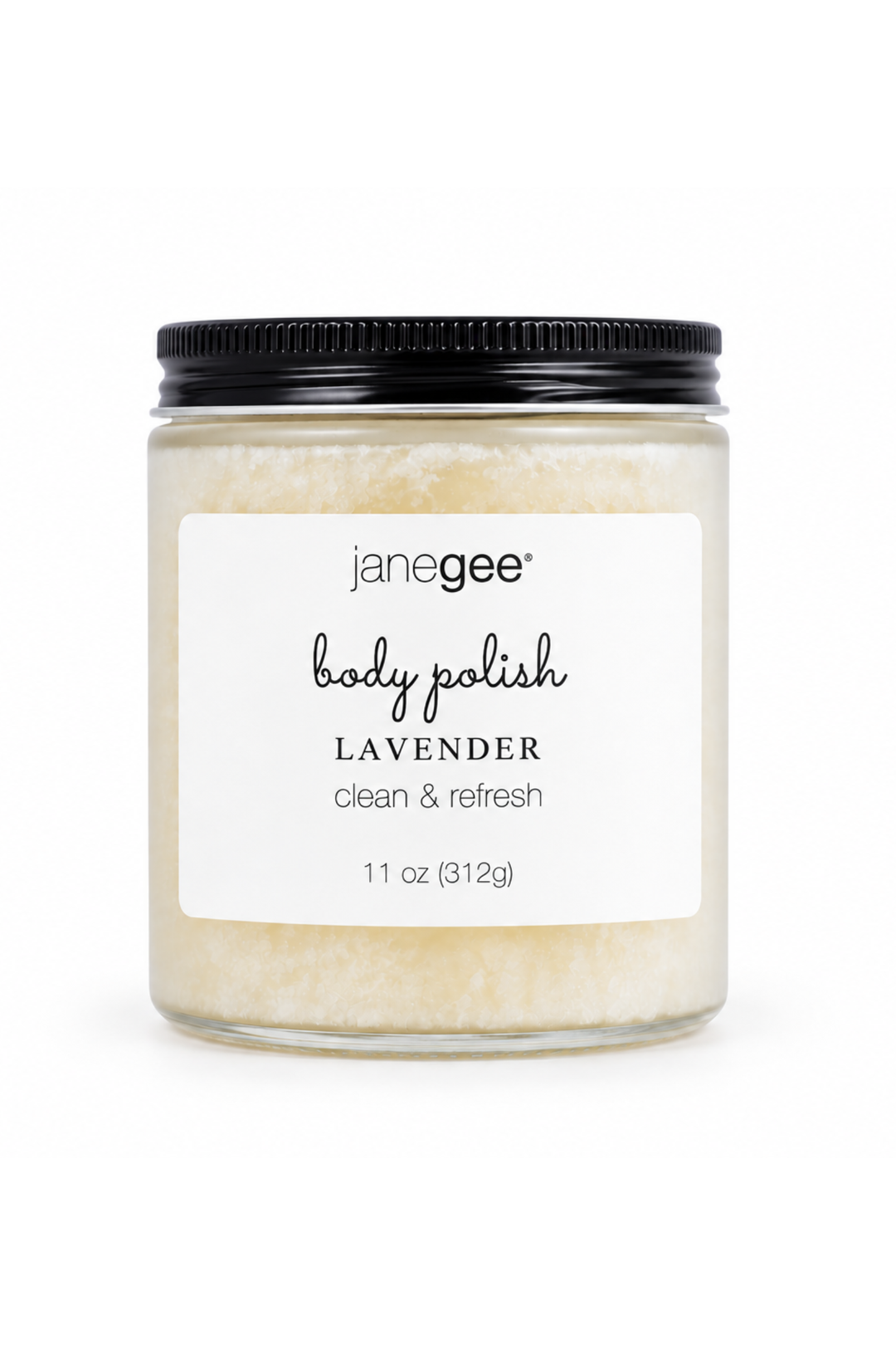 janegee Lavender Body Polish in a frosted glass jar with a black lid and white label on a white background.