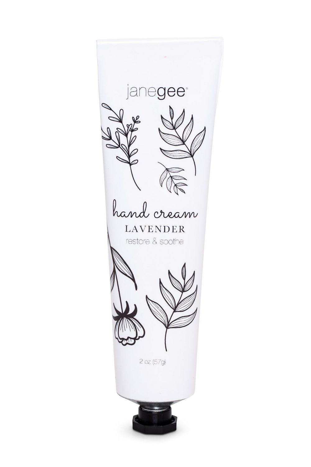 A tube of janegee lavender hand cream with a white background, featuring black and gray botanical illustrations and text.