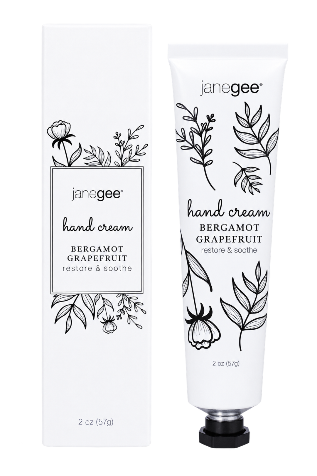 janegee hand cream in Bergamot Grapefruit scent, shown as a white squeeze tube with black botanical illustrations next to its matching white cardboard packaging box.