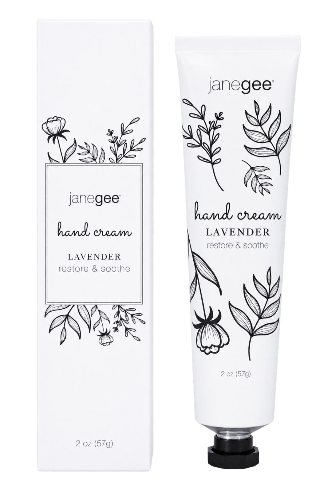 janegee Lavender Hand Cream shown in a white squeeze tube with a black cap next to its matching white packaging box, both decorated with black botanical line drawings.