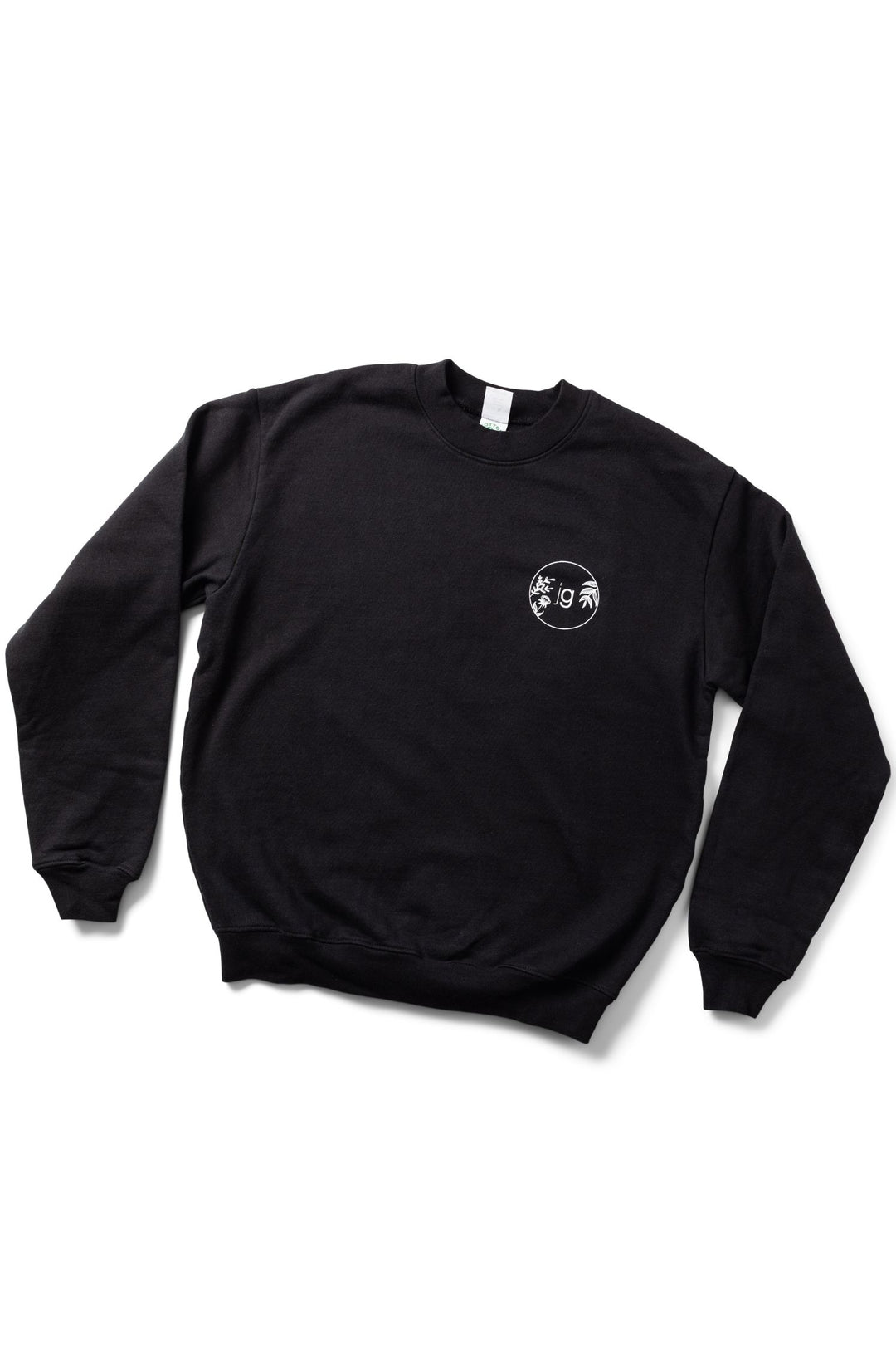 Black sweatshirt with a small white logo on a white background