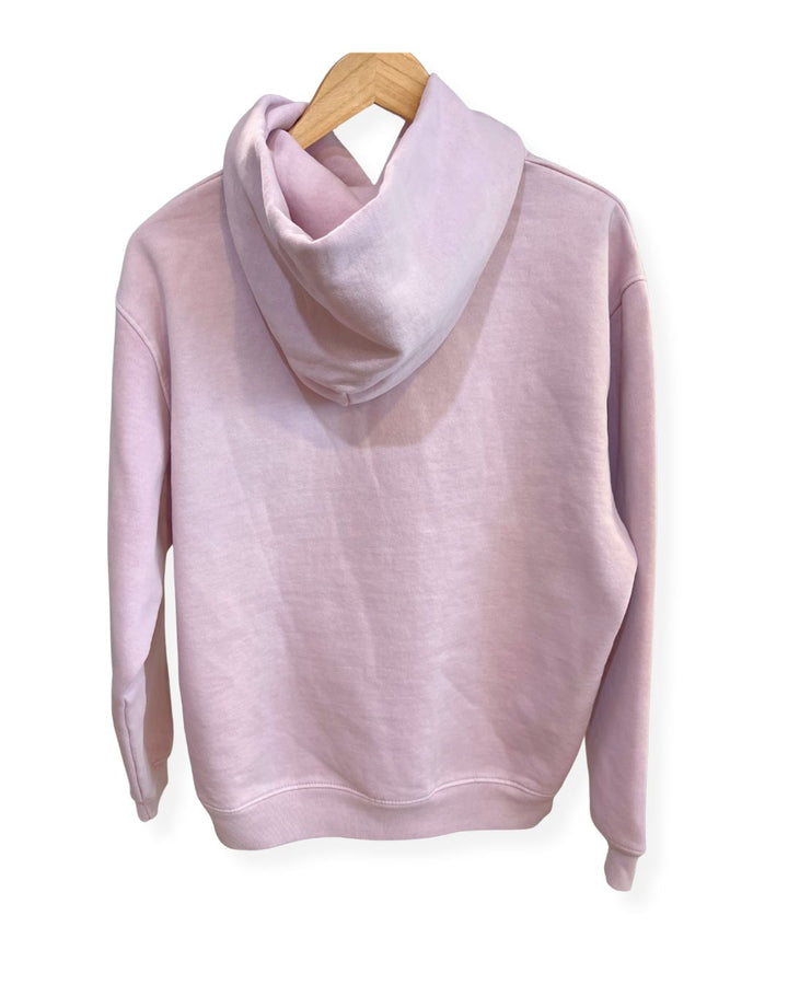 Back view of a light pink, oversized fleece janegee hoodie hanging on a wooden hanger, showing a relaxed-fit hood and dropped shoulder seams.