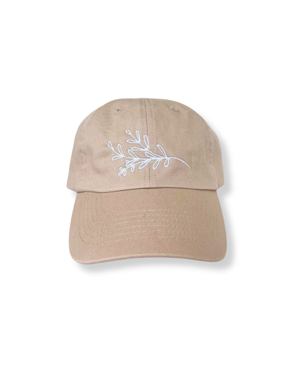 janegee Everyday Botanical Cap in beige with white botanical embroidery on the front, shown on a white background.