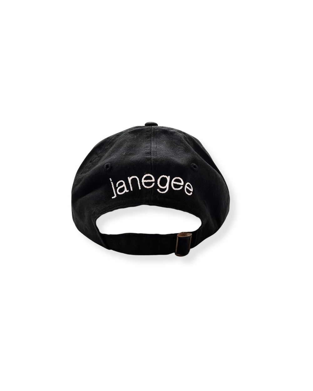 Back view of the black janegee Everyday Botanical Cap with white embroidered janegee logo and adjustable brass buckle strap on a white background.