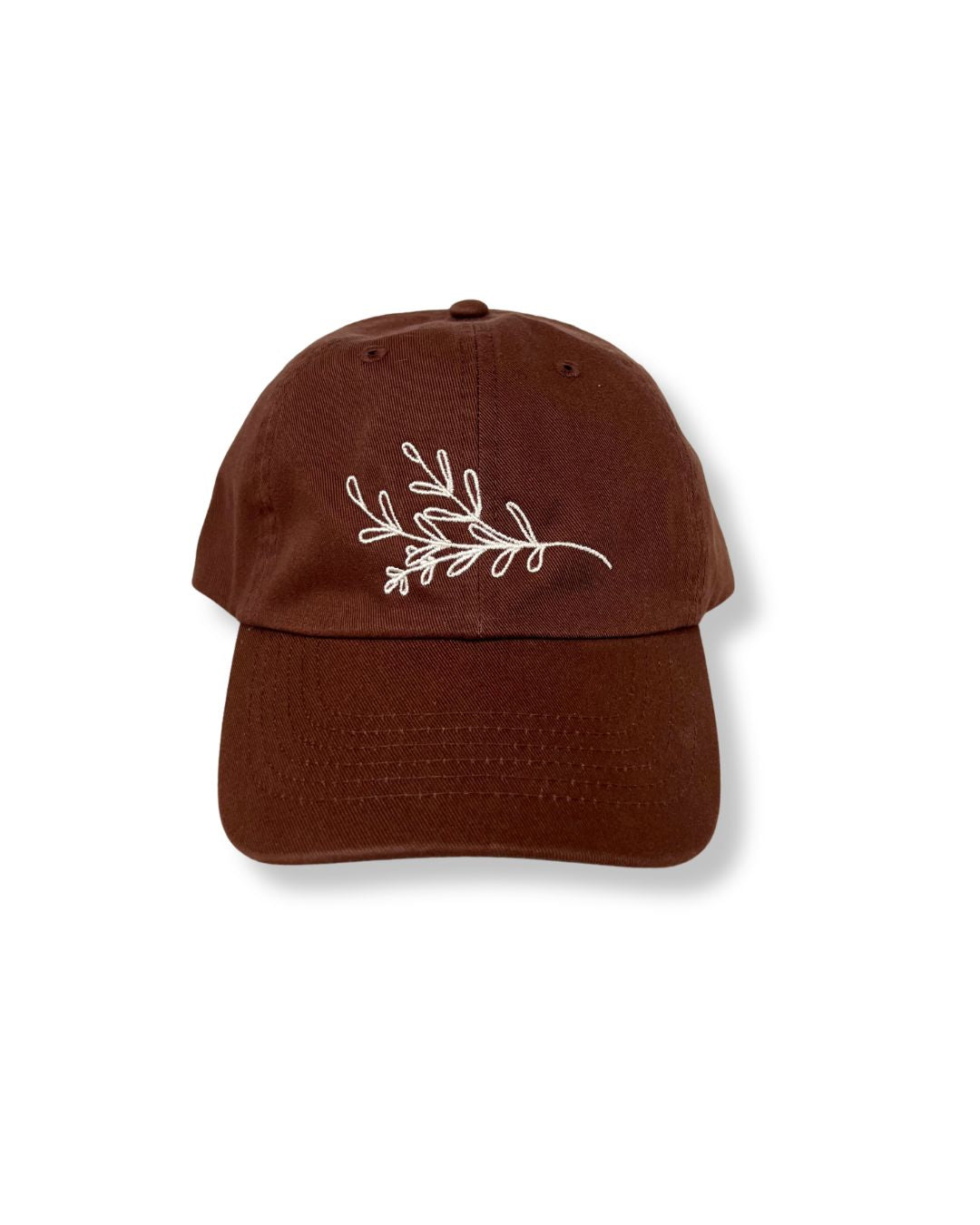 janegee Everyday Botanical Cap in brown with cream botanical embroidery on the front, shown on a white background.