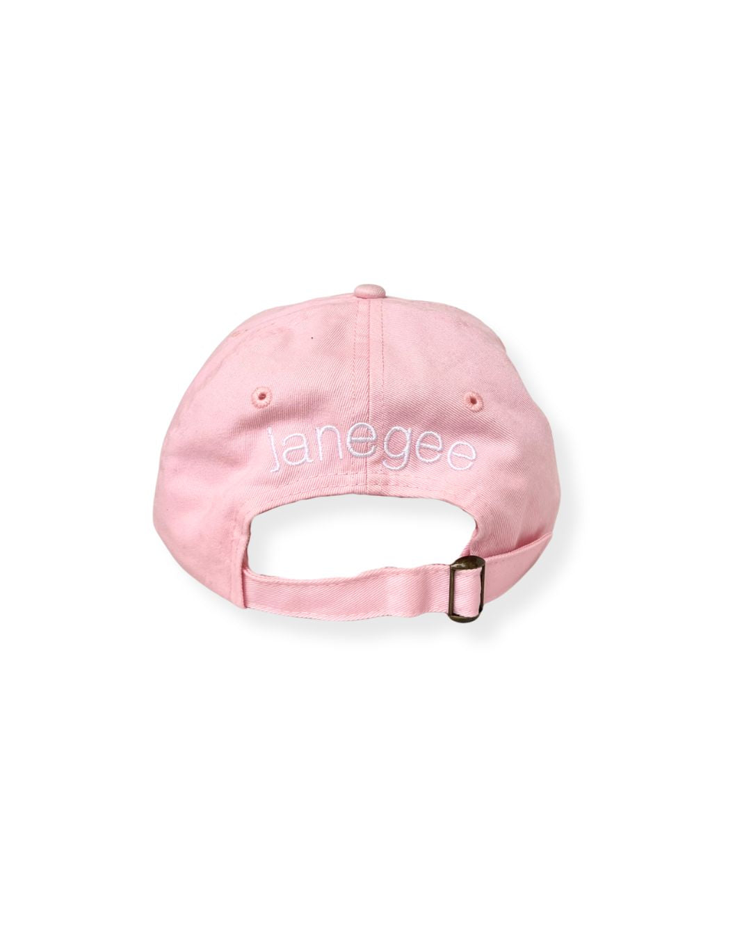 Back view of the pink janegee Everyday Botanical Cap with white embroidered janegee logo and adjustable brass buckle strap on a white background.