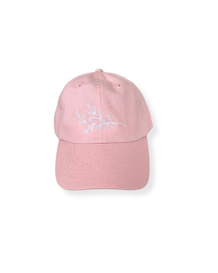 janegee Everyday Botanical Cap in pink with white botanical embroidery on the front, shown on a white background.